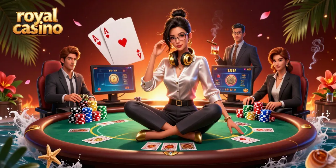 Immerse yourself in royal casino gameplay with a high-tech setup featuring poker games, vibrant graphics, and dynamic elements.