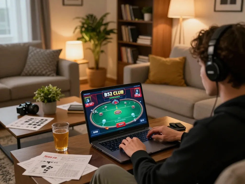 B52 CLUB player engaged in an online poker game from the comfort of home.