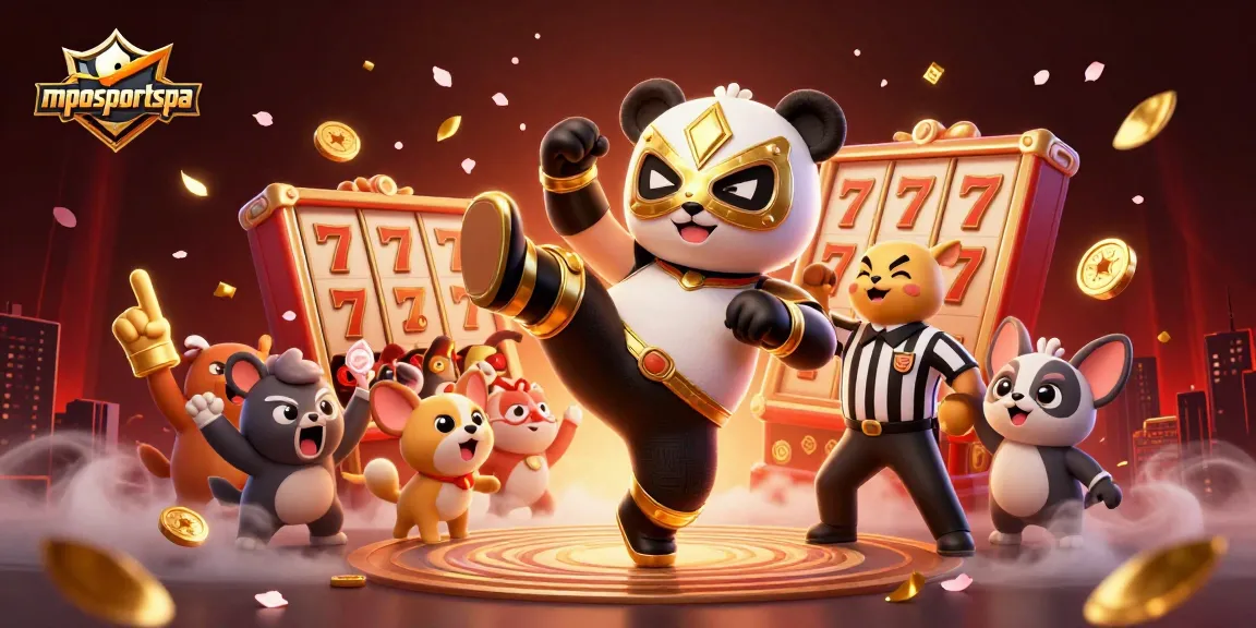 Mposportspa showcases a thrilling scene with a panda wrestler kicking and a chihuahua referee on a vibrant casino backdrop.