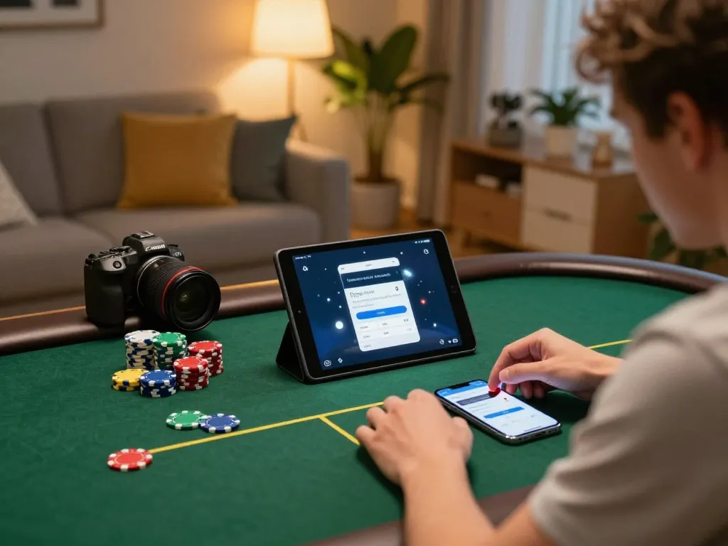 hi88 player engaging with online poker while managing bankroll in cozy home setting.
