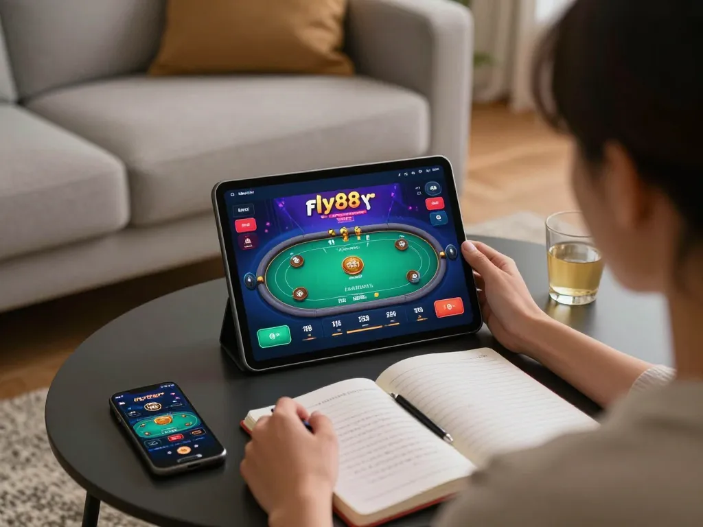 Engaging with the fly88 app for a strategic poker game at home, showcasing user-friendly gaming interface