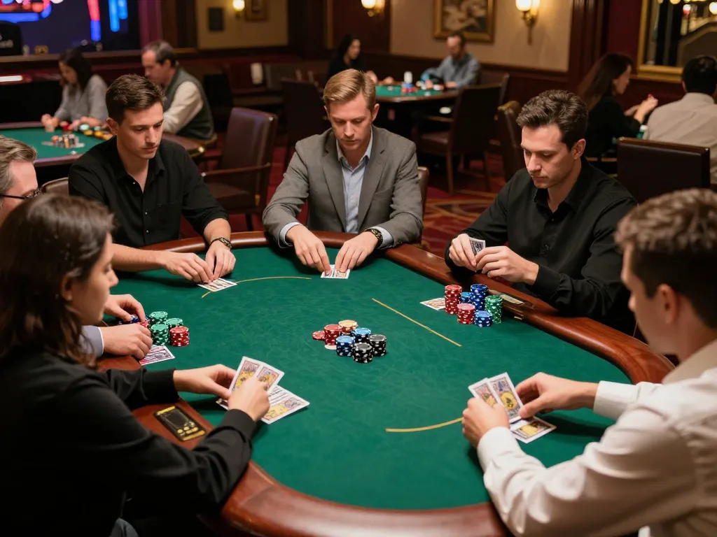 Engaged players strategizing at SC88 poker table, showcasing vibrant action and camaraderie in upscale casino.