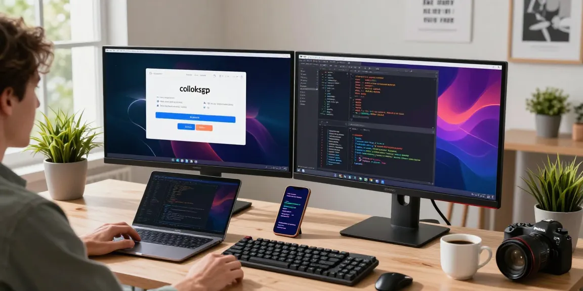 Focused individual at desk logging into coloksgp with dual monitors displaying code and login interface