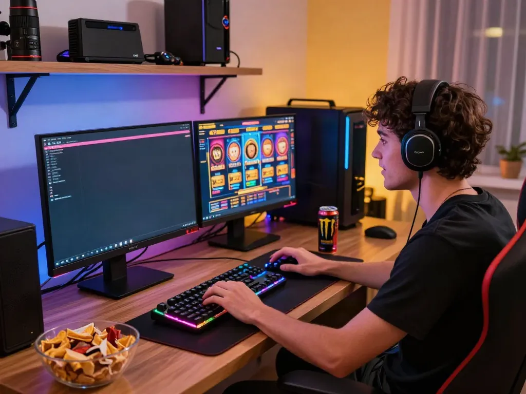 A thrilling gaming setup where a player enjoys akunjp slot games on a large monitor surrounded by vibrant gaming accessories.
