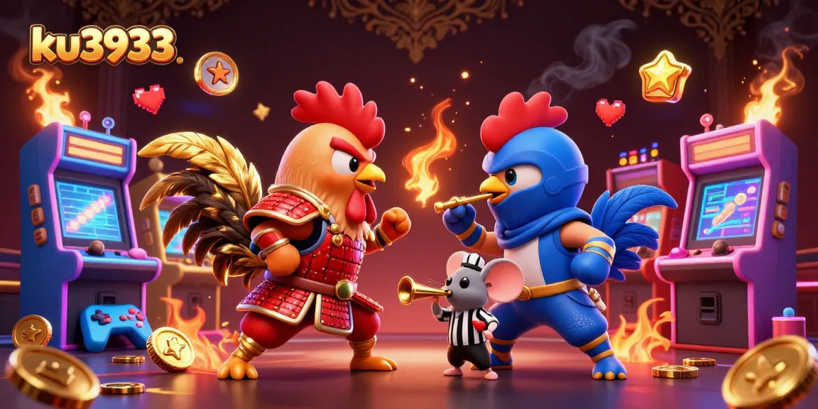 Engage in thrilling action with ku3933 as fighting roosters duel amidst vibrant casino elements.