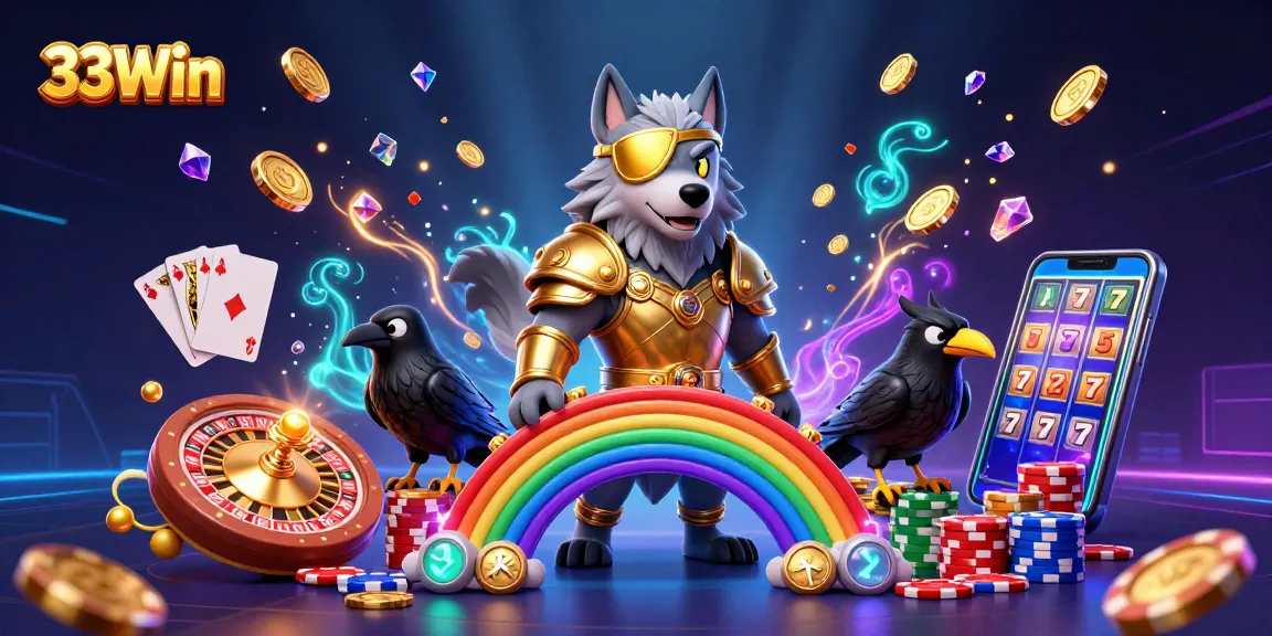 Engage with 33Win's vibrant casino world featuring Odin, ravens, and casino elements.