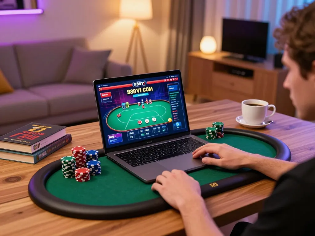 Engaging player strategizing winning tactics on the 888VI COM poker platform from a cozy home setup.