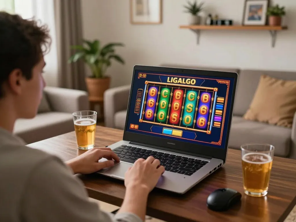 LIGALGO player engaging in exciting online slot gameplay showcasing colorful reels and warm home ambiance.