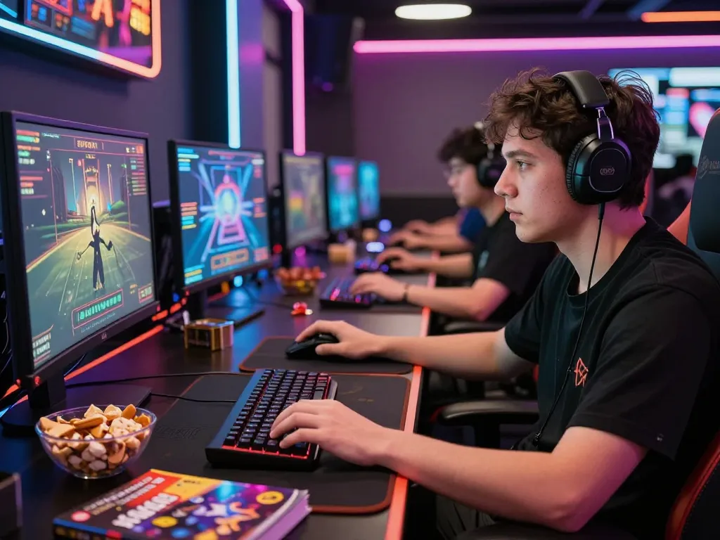 KADAL778 pro player engaged in intense online gaming session with multiple screens and vibrant graphics.
