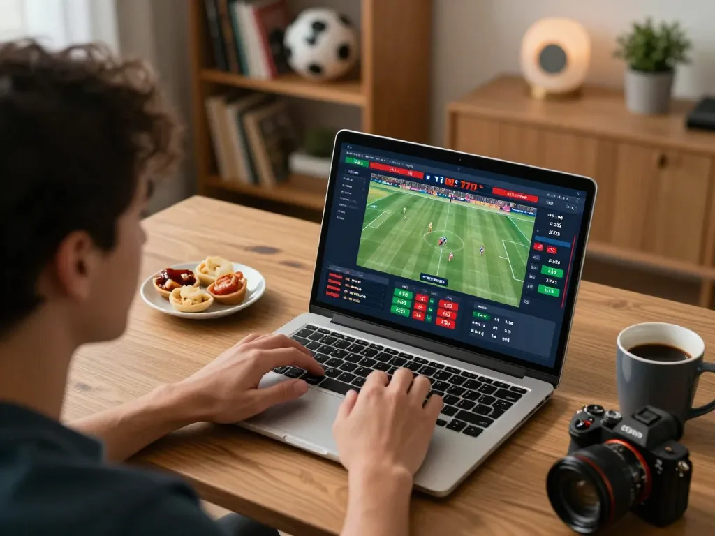 Soi Kèo online sports betting setup with live match interface, focused player studying odds and strategies.