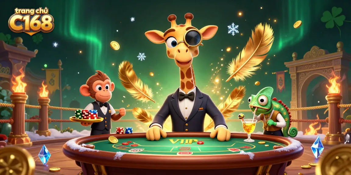 Engage with the vibrant world of trang chủ C168, featuring a high-roller giraffe at a poker table amidst a dazzling casino scene.