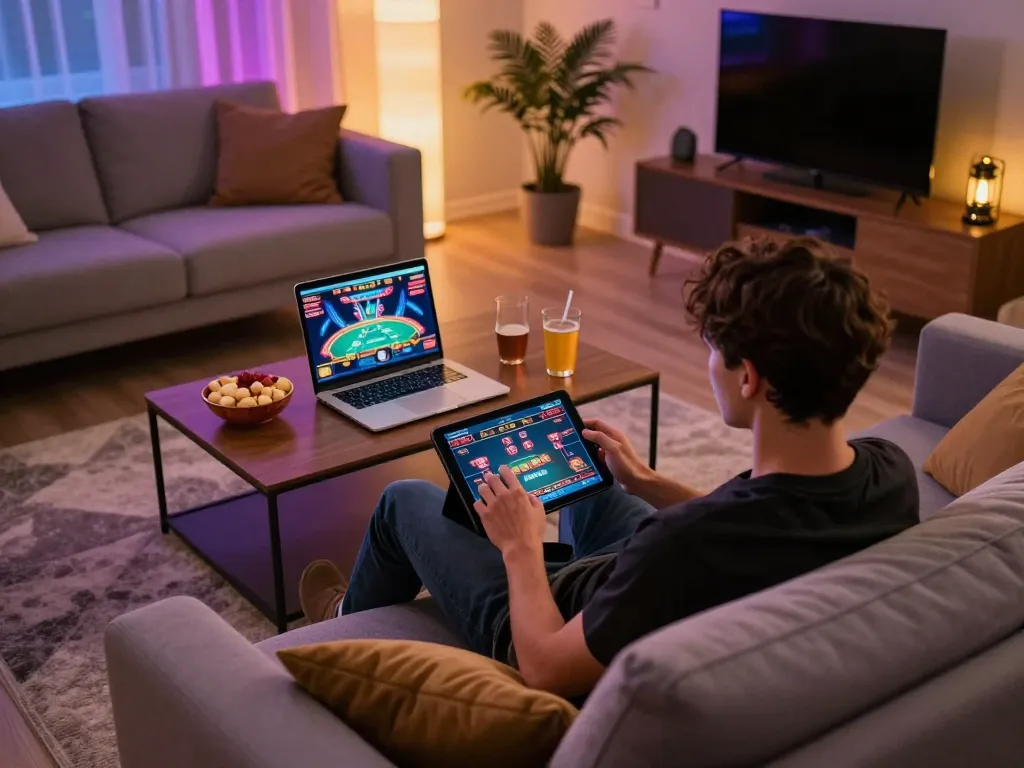 Engaged player using 7m online casino app on tablet in a cozy living room.