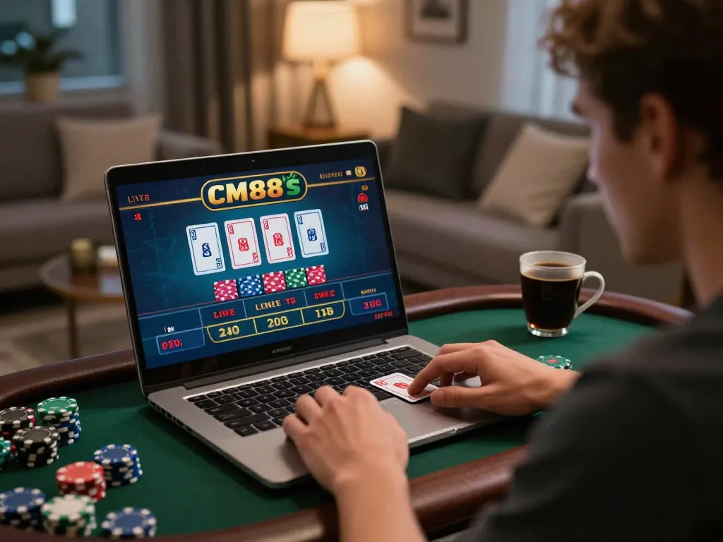 Person gaming at CM88 online casino with live dealer, showcasing excitement and engagement.