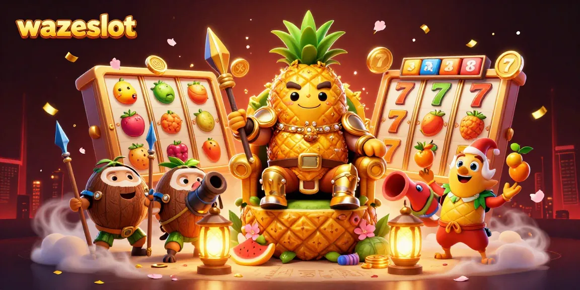 Wazeslot players enjoy high win rates while spinning vibrant slot reels in a dynamic beach casino.