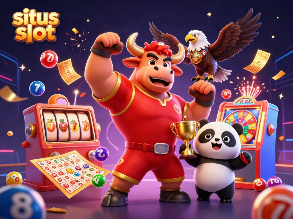 Engage with situs slot gameplay featuring a colorful scene with characters celebrating jackpots and prizes.