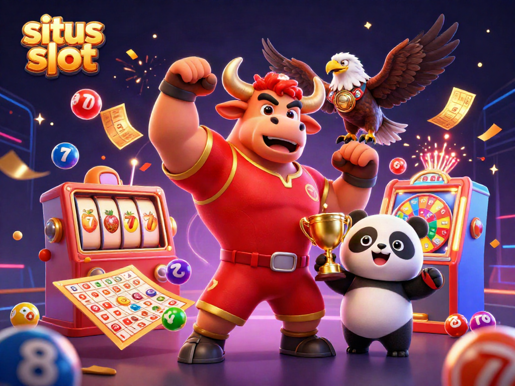Engage with situs slot gameplay featuring a colorful scene with characters celebrating jackpots and prizes.