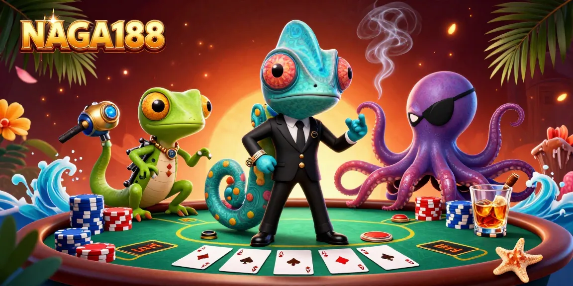 NAGA188 menampilkan ilustrasi kasino dengan agen rahasia, gecko cerdas, dan gurita dalam suasana permainan poker mencolok.