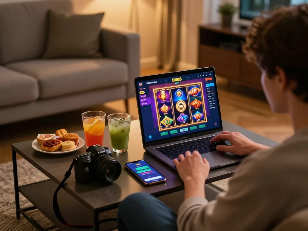 Engaging in DN88’s online casino games from a cozy home setting while enjoying refreshments