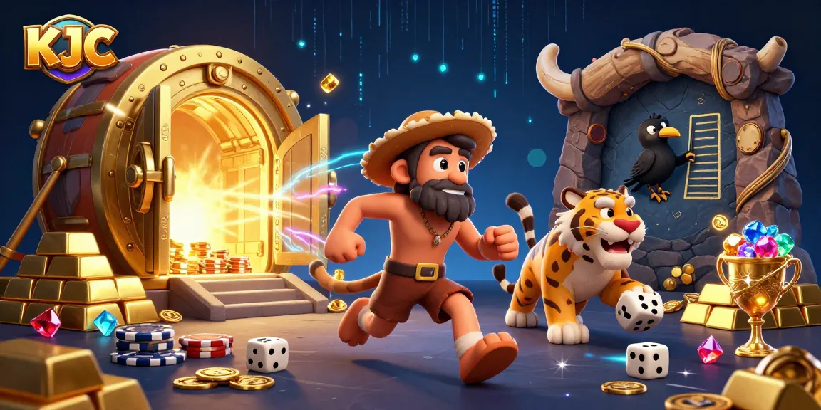 KJC offers exciting gaming experiences with a caveman and sabertooth duo in a dynamic casino setting.