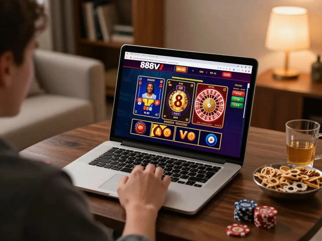 Players enjoying thrilling moments on 888vi online casino, showcasing poker and slots in a cozy home setting.