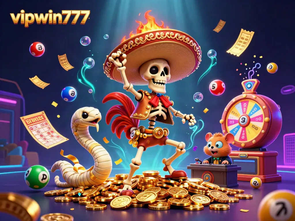Experience thrilling adventures with vipwin777 as a mariachi rooster celebrates on coins in a vibrant casino scene.