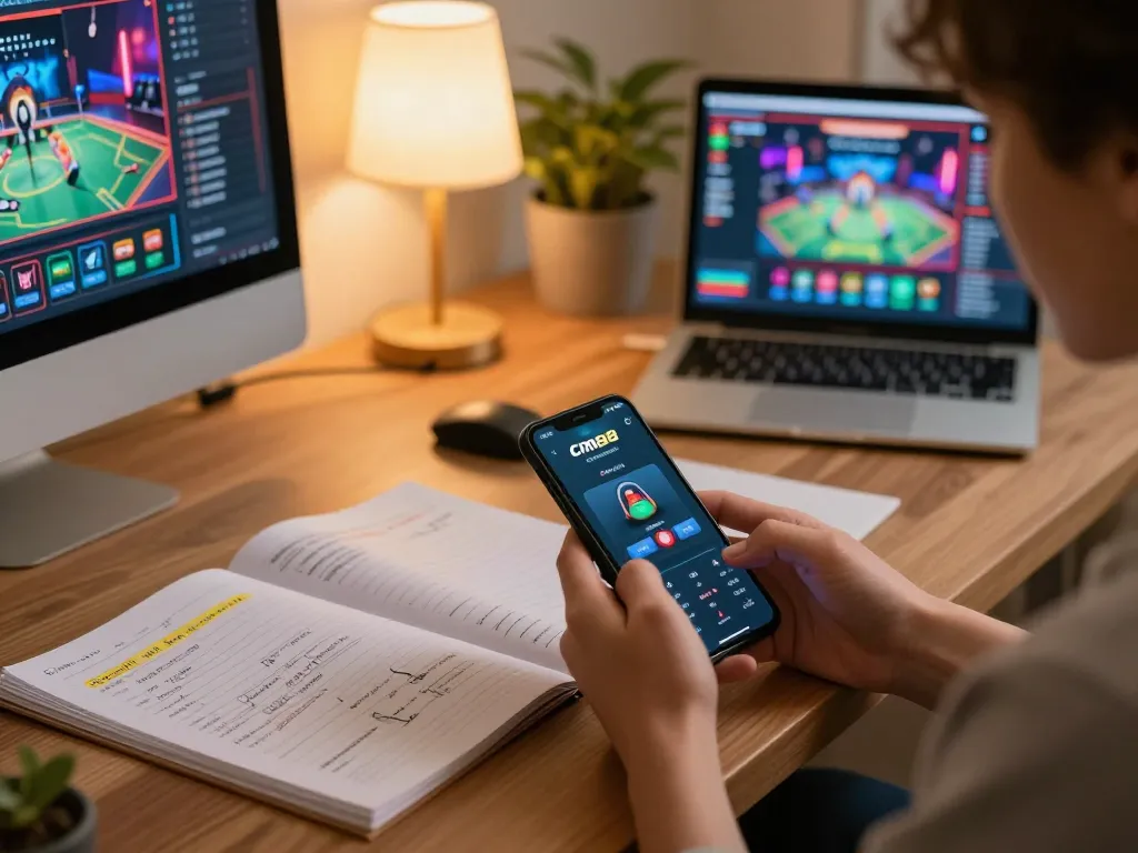 Engaged user exploring cm88 betting app on smartphone in cozy home gaming environment.