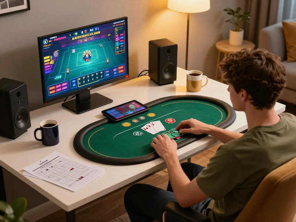 Player enjoys the dynamic online poker game MPOID with tablet and strategy notes in a cozy environment.