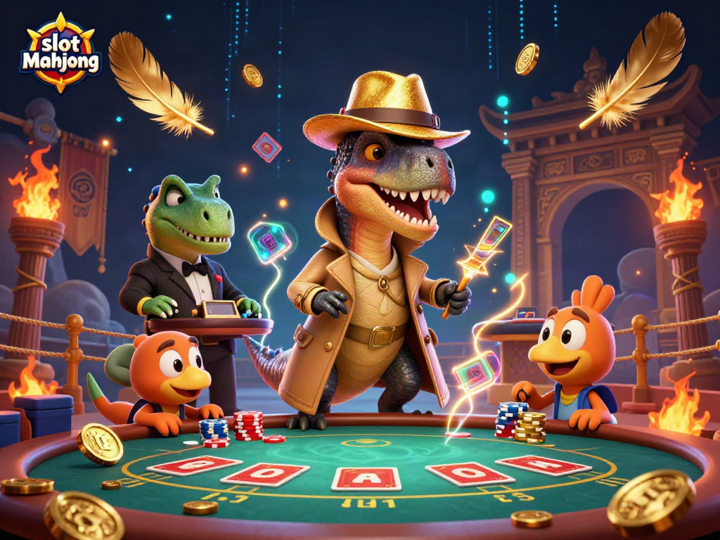 Immerse in an exciting slot mahjong scene with a 3D velociraptor counter, a stegosaurus pit boss, and vibrant casino elements.