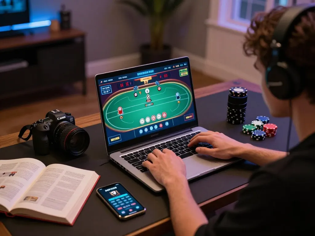 MPO08 player immersed in interactive online gaming on laptop, showcasing exciting gameplay atmosphere