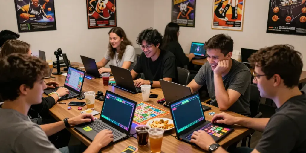 Bingo 101 app players enjoying a lively gaming session in a vibrant lounge setting with friends