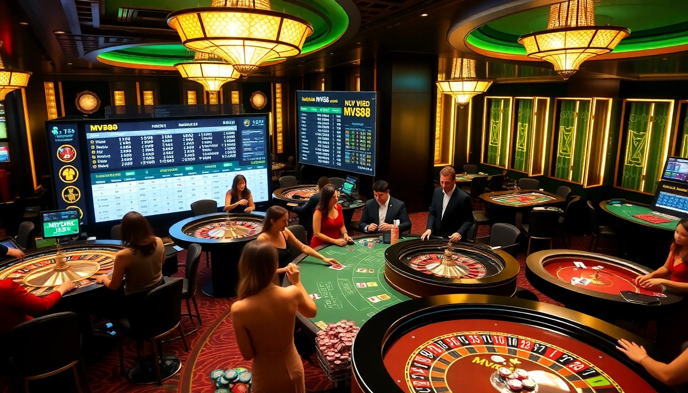 Experience thrilling gameplay at MV88 casino with vibrant tables, live dealers, and colorful chips.