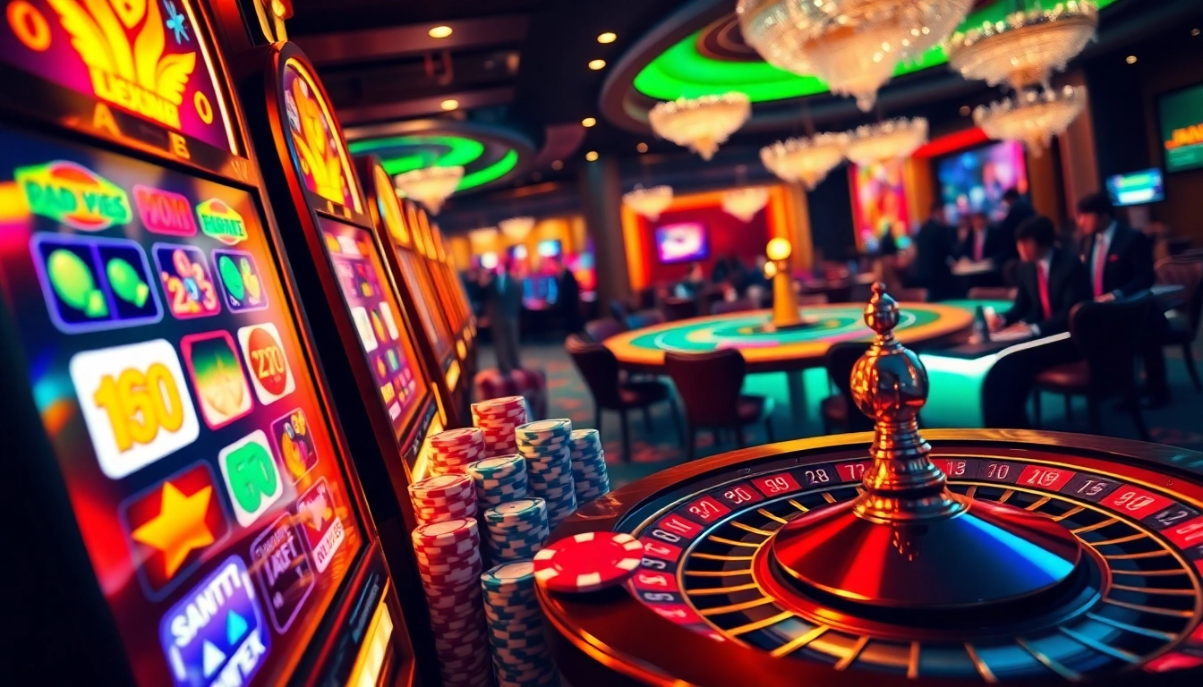 Players eagerly spinning a colorful slot machine with vibrant, flashing lights in an upscale casino.