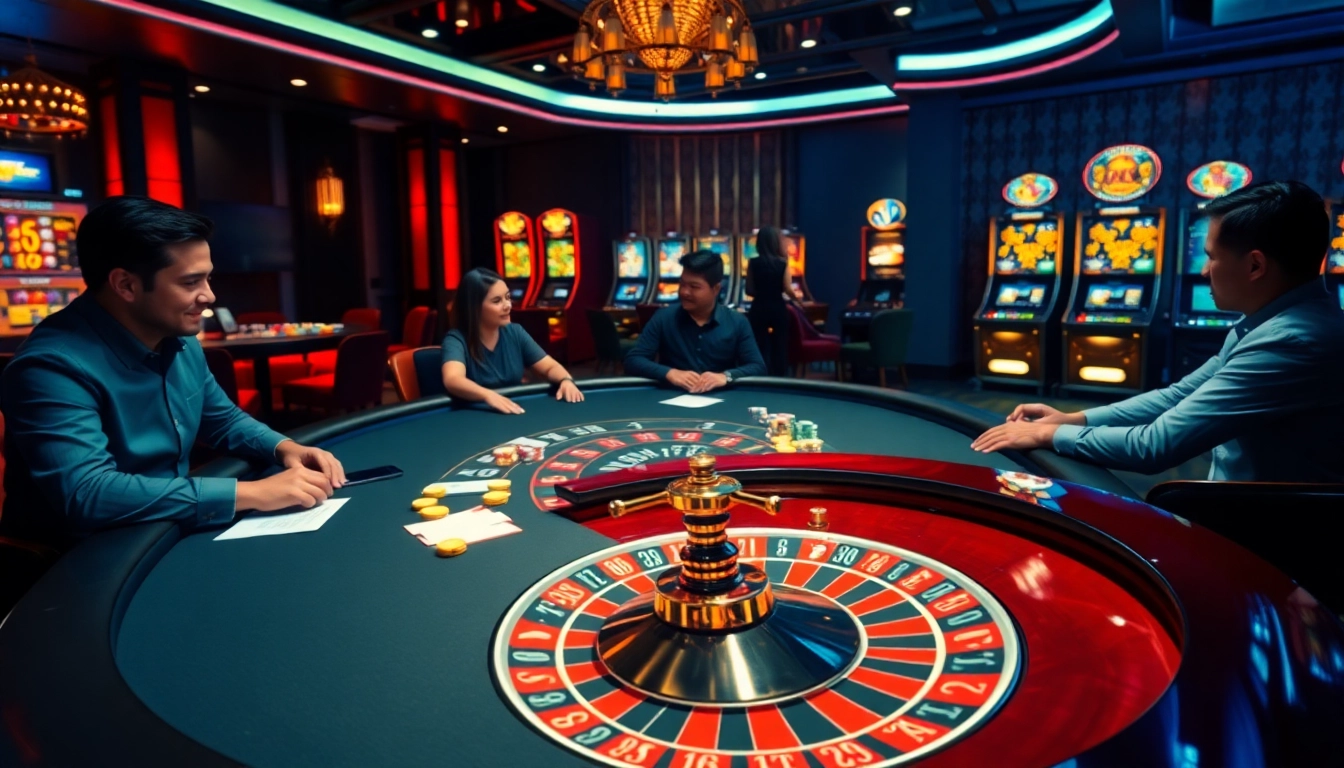 Exciting gambling action at Nhà cái WW88 with poker and roulette tables.