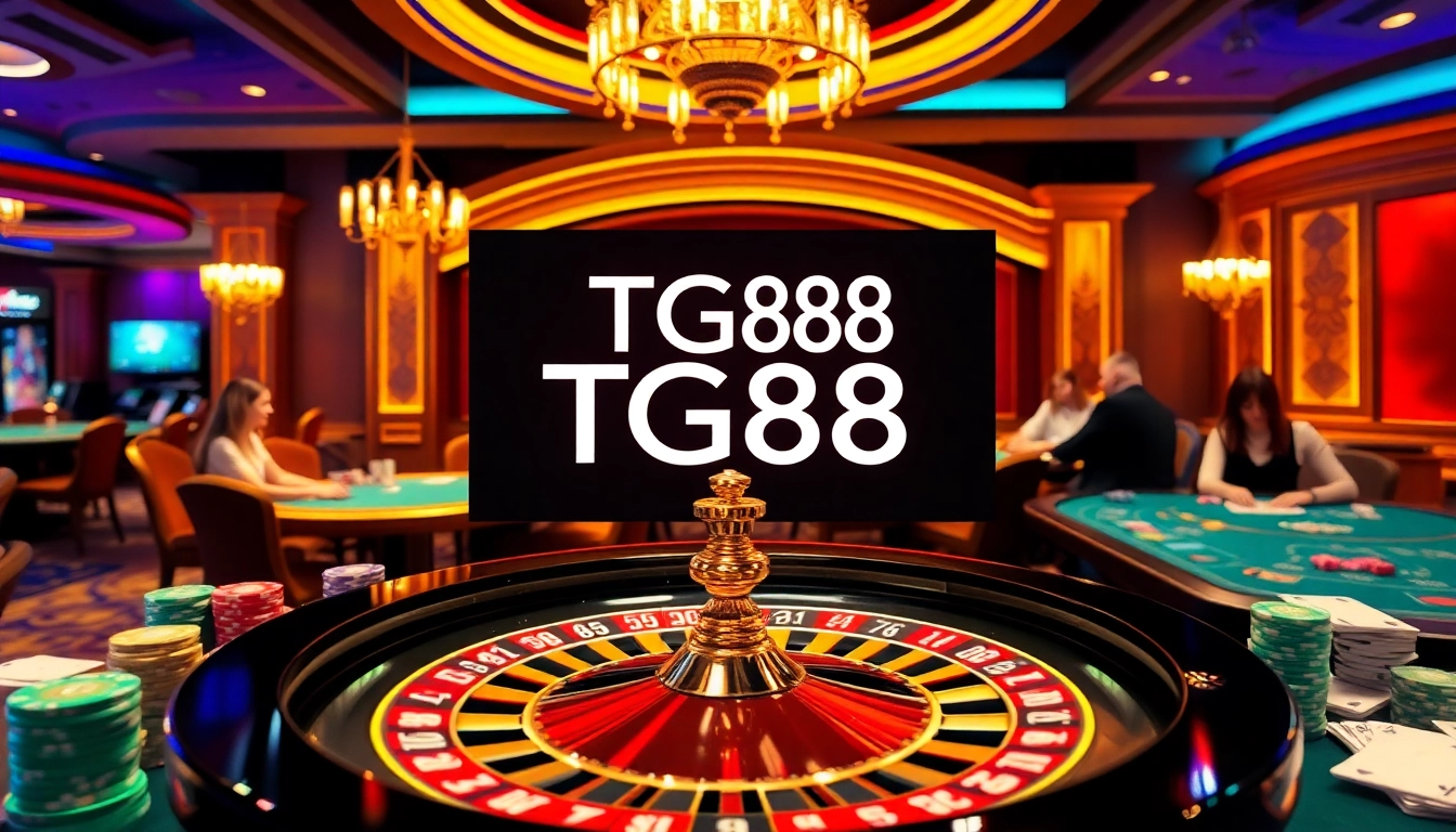 TG88 themed casino scene showcasing poker chips, cards, and roulette for a thrilling gambling experience.