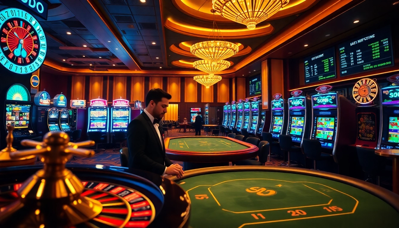 SODO casino players strategizing at the poker table amidst vibrant slot machines.