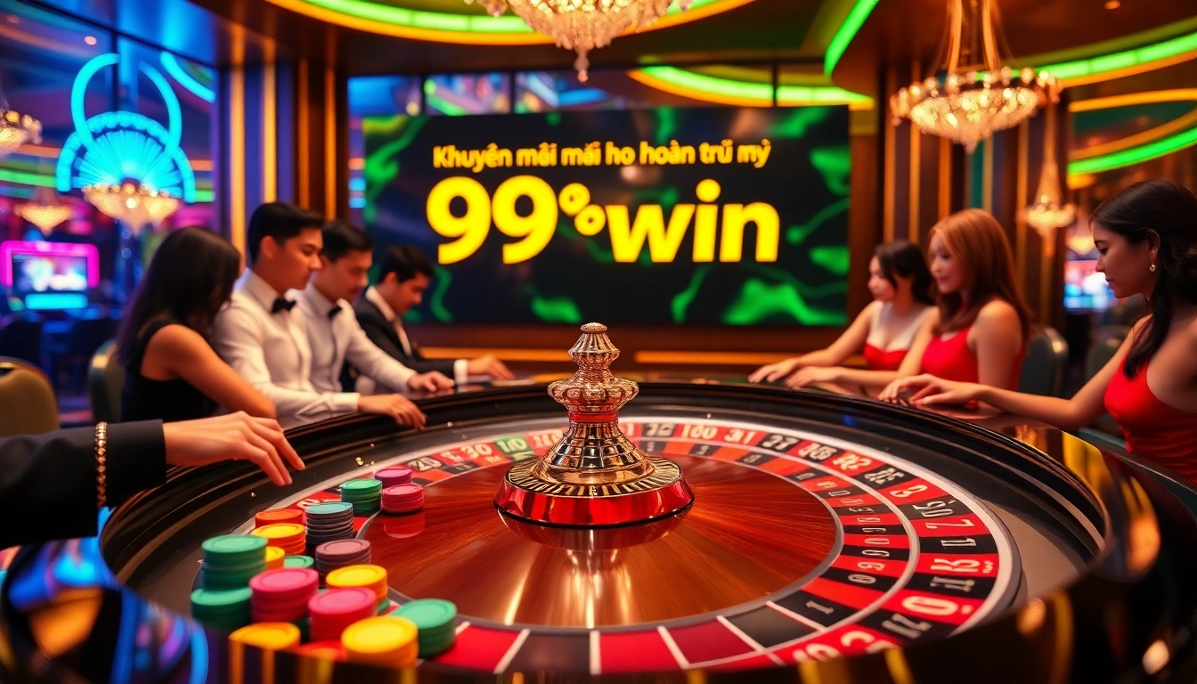 Players enjoying the excitement of Khuyến mãi hoàn trả 99win at a luxurious roulette table.