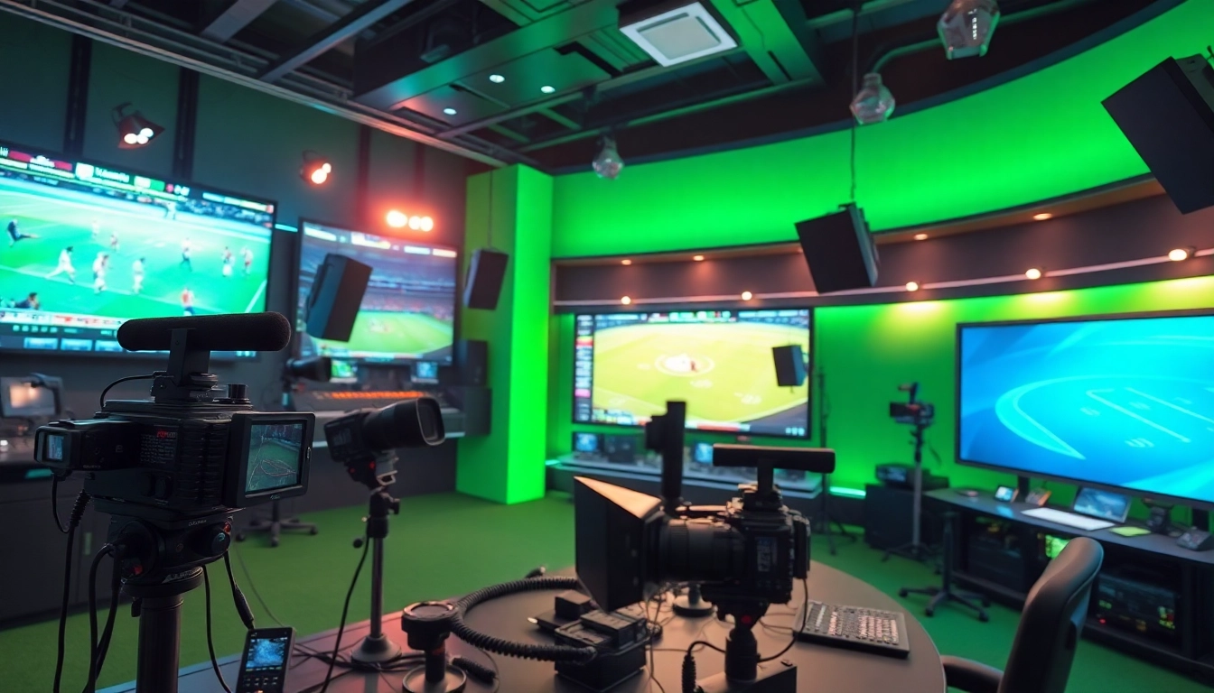 Engaging scene of sports broadcasting setup featuring advanced equipment and vibrant sports visuals.