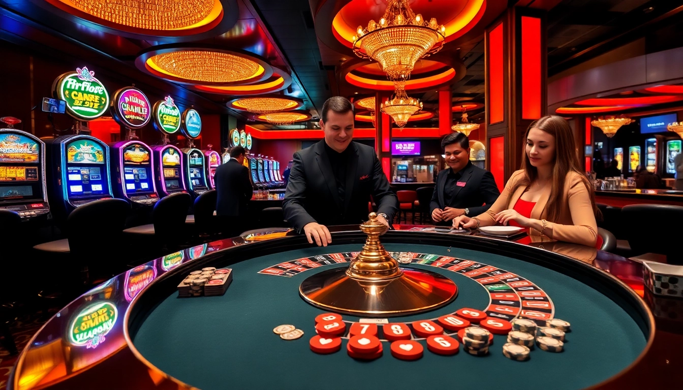 Exciting casino scene in SODO featuring a roulette table and luxurious slot machines.