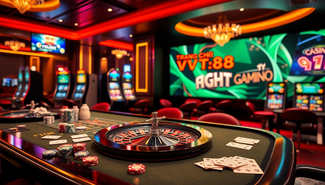 Players enjoying the excitement at TRANG CHỦ VT88 with vibrant casino tables and slot machines.