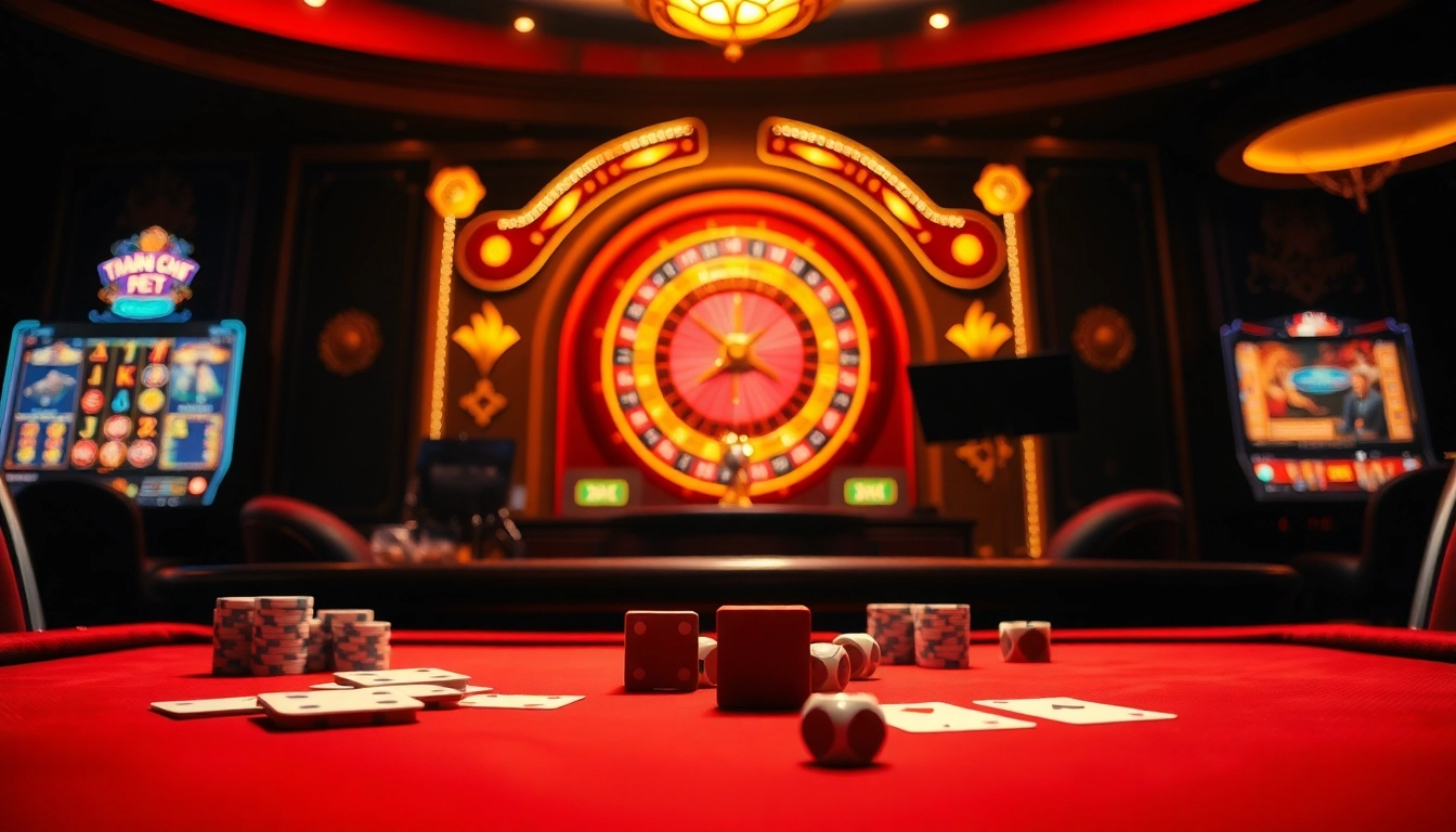 Engaging scene of TRANG CHỦ FEBET showcasing a luxurious casino table with vibrant slot machines.