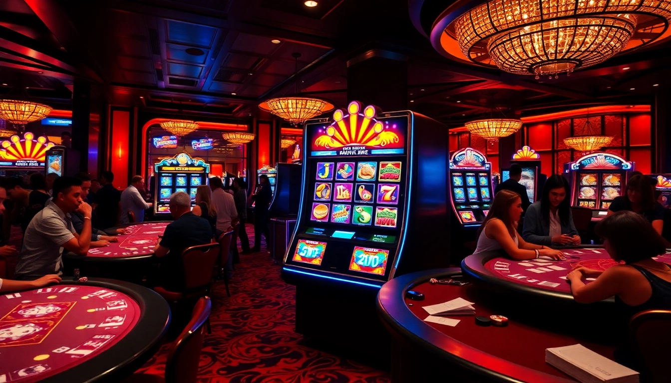 Players gathered around a vibrant idn slot machine, creating an electrifying casino atmosphere.