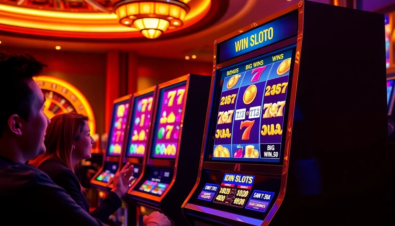 Excited gamblers playing the idn slot machine at a vibrant casino, highlighting big wins and luxury.