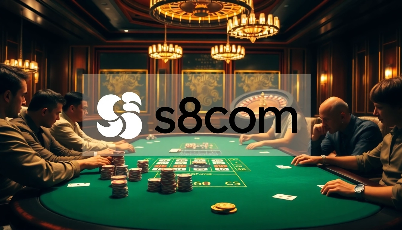 Players strategize their moves at the S8com high-stakes poker table, surrounded by vibrant casino elements.