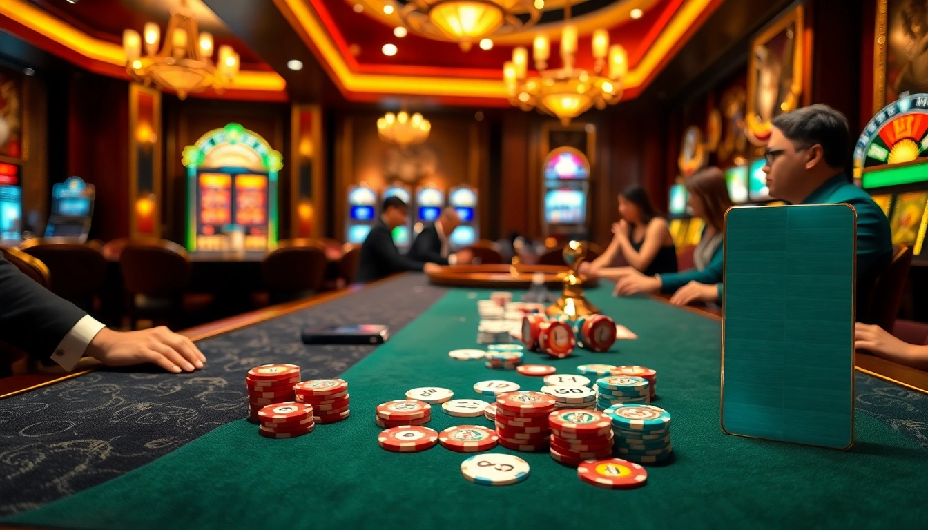 Engaging gameplay at nhà cái thabet casino with vibrant poker chips and a polished roulette wheel.