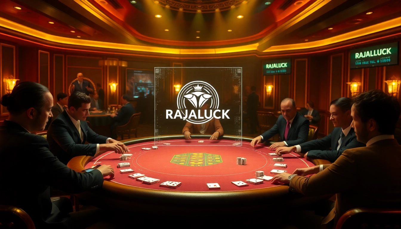 RAJALUCK players strategizing at a luxurious poker table in a vibrant casino setting.