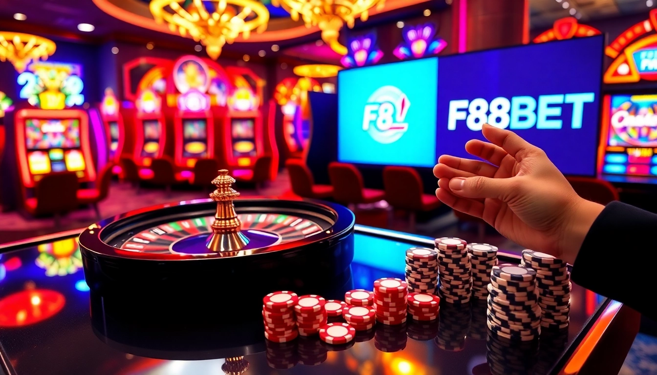 Winning moment at F8BET casino with poker chips and roulette wheel in an exciting atmosphere.