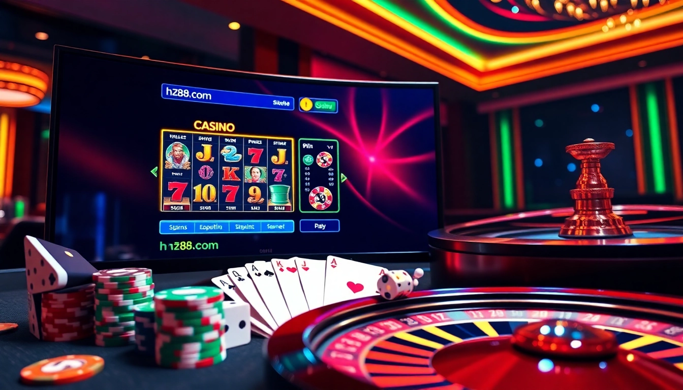 Engaging hz88.com casino action showing poker chips, digital slot reels, and roulette wheel spin