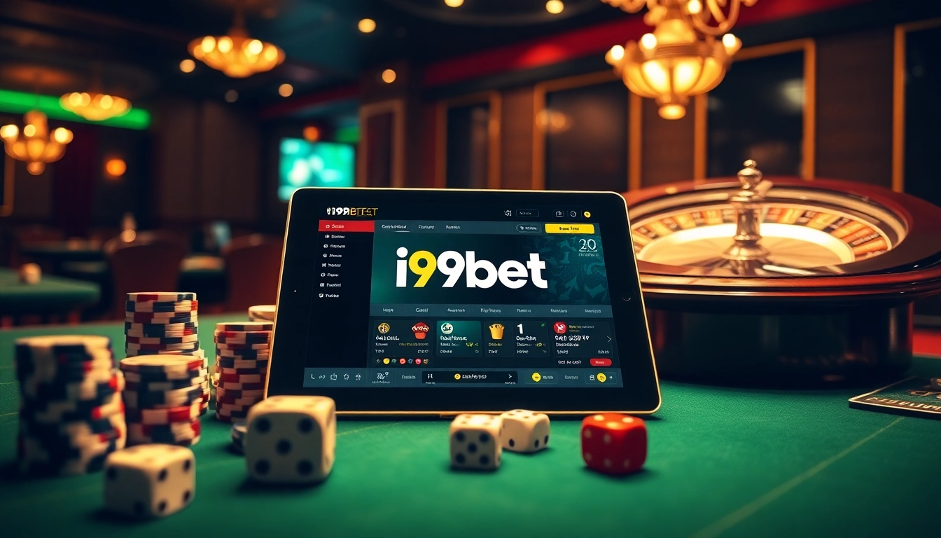 Experience the excitement of gambling with i9bet as poker chips and a roulette wheel set the scene.