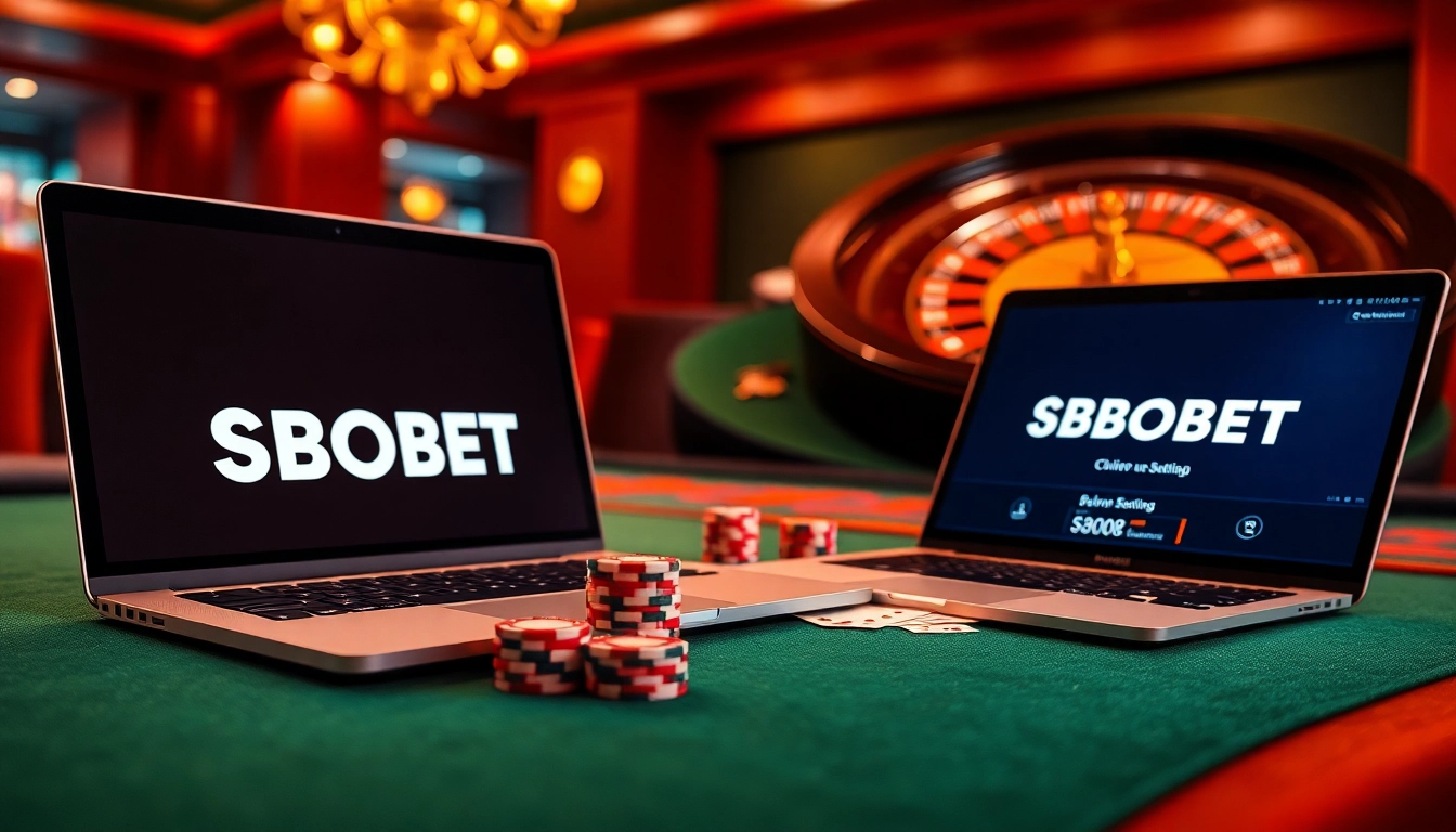 Engage with the SBOBET link on a premium casino table alongside vibrant poker chips and cards.