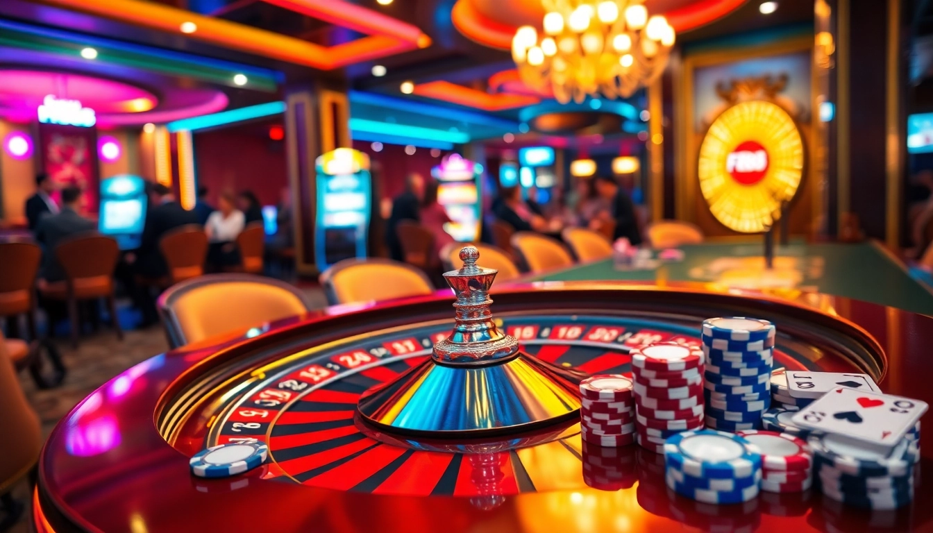 Experience the thrilling atmosphere at FB88 with players engaging at a vibrant roulette table.